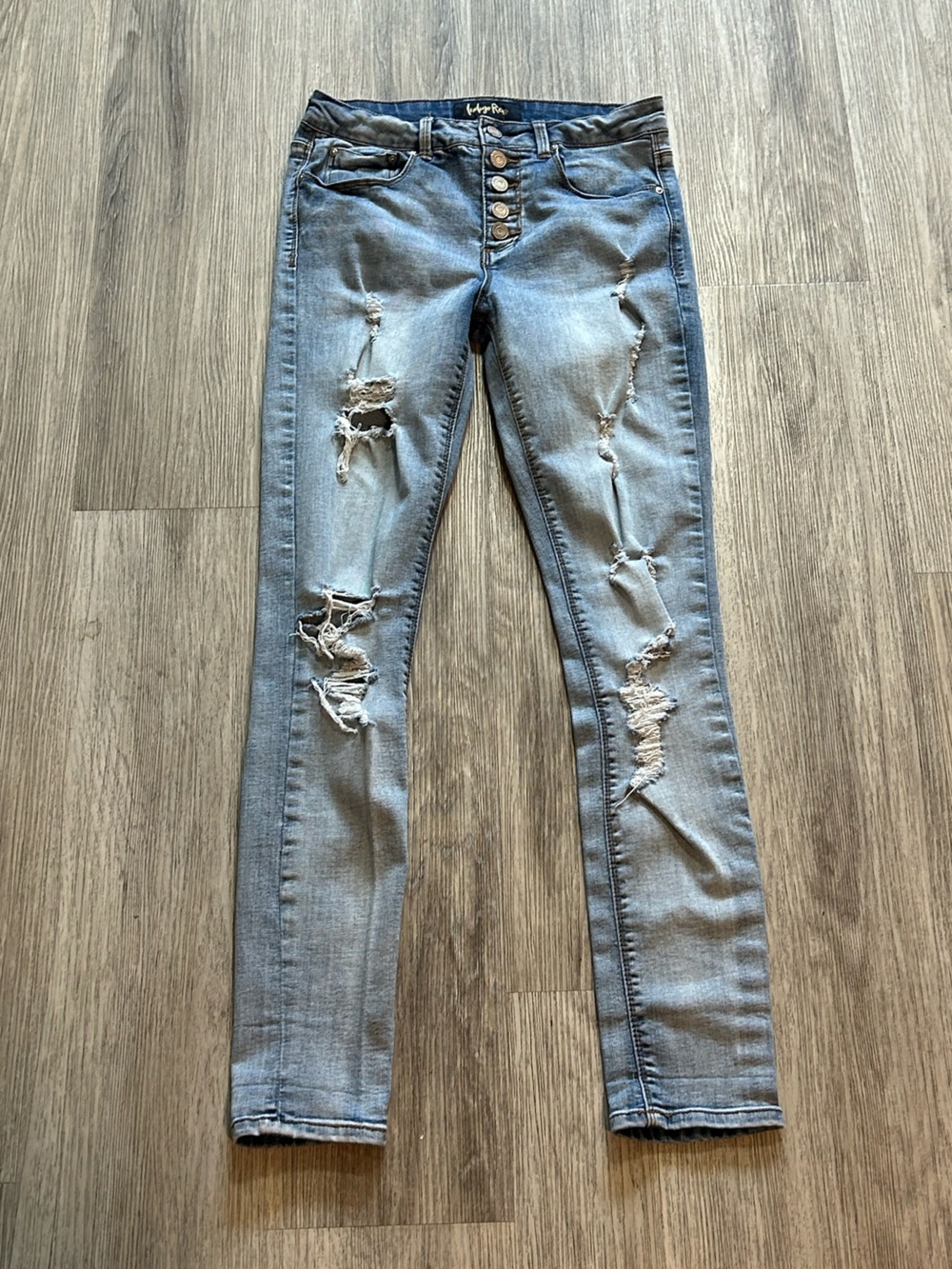 Indigo Rein Light Blue Distressed Skinny Jeans with Button Fly